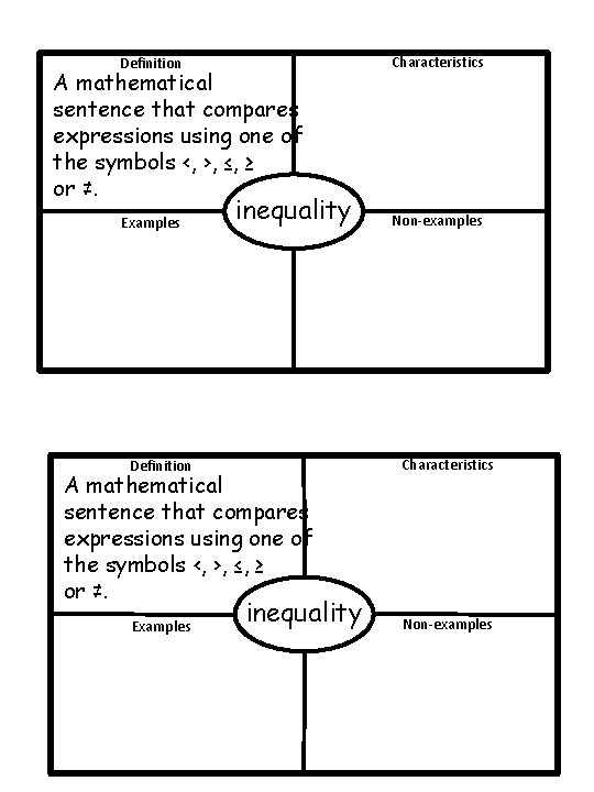 Definition A mathematical sentence that compares expressions using one of the symbols ‹, ›, Definition A mathematical sentence that compares expressions using one of the symbols ‹, ›,