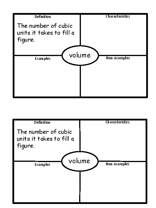 Characteristics Definition The number of cubic units it takes to fill a figure. Examples Characteristics Definition The number of cubic units it takes to fill a figure. Examples