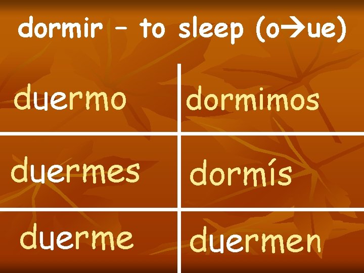 dormir – to sleep (o ue) duermo dormimos duermes dormís duermen 