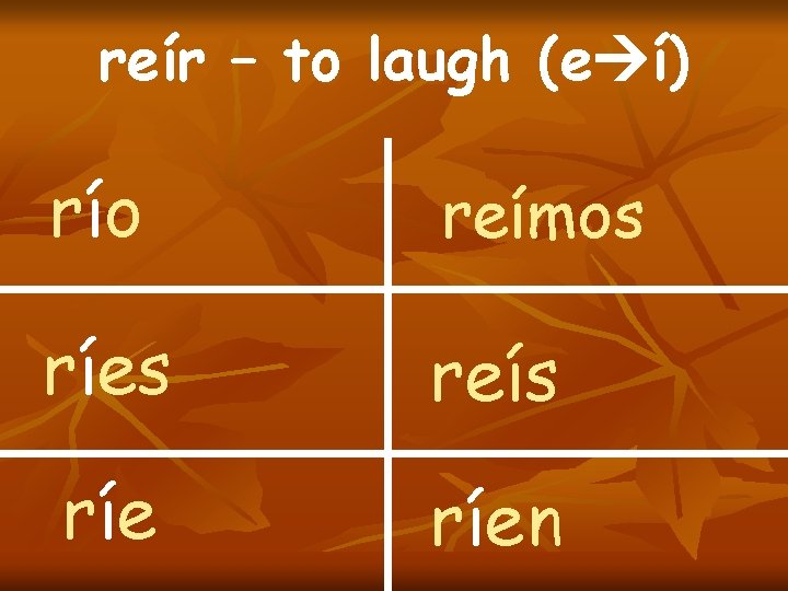 reír – to laugh (e í) río reímos ríes reís ríen 