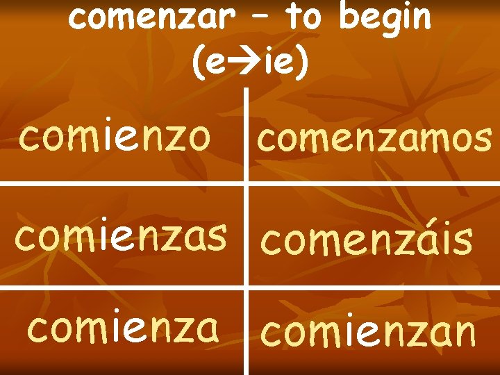comenzar – to begin (e ie) comienzo comenzamos comienzas comenzáis comienzan 