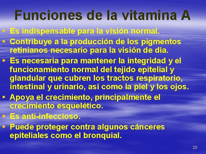 Funciones de la vitamina A § Es indispensable para la visión normal. § Contribuye