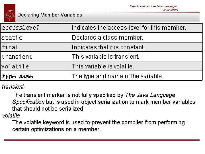 Objects classes, interfaces, packages, annotations Declaring Member Variables transient The transient marker is not