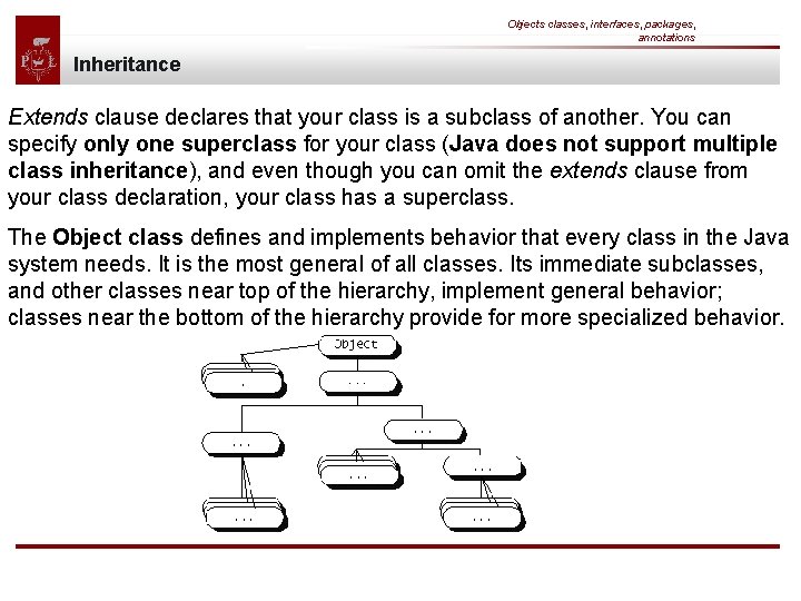 Objects classes, interfaces, packages, annotations Inheritance Extends clause declares that your class is a