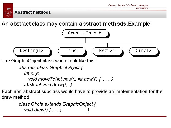 Objects classes, interfaces, packages, annotations Abstract methods An abstract class may contain abstract methods.