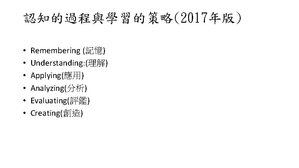 認知的過程與學習的策略(2017年版) • • • Remembering (記憶) Understanding: (理解) Applying(應用) Analyzing(分析) Evaluating(評鑑) Creating(創造) 