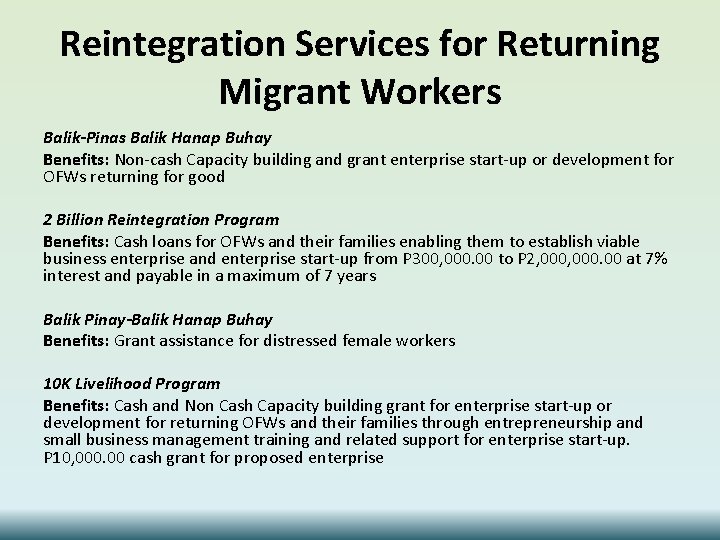 Reintegration Services for Returning Migrant Workers Balik-Pinas Balik Hanap Buhay Benefits: Non-cash Capacity building