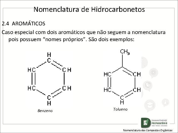 Nomenclatura de Hidrocarbonetos 2. 4 AROMÁTICOS Caso especial com dois aromáticos que não seguem