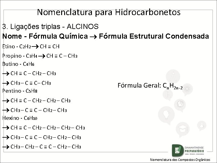 Nomenclatura para Hidrocarbonetos 3. Ligações triplas - ALCINOS Nome - Fórmula Química Fórmula Estrutural
