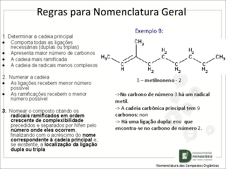 Regras para Nomenclatura Geral 1. Determinar a cadeia principal Comporta todas as ligações necessárias