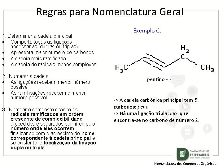 Regras para Nomenclatura Geral 1. Determinar a cadeia principal Comporta todas as ligações necessárias