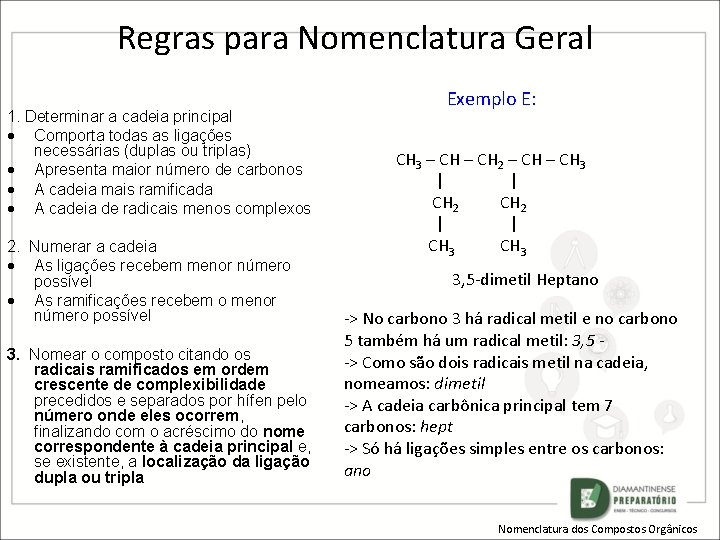 Regras para Nomenclatura Geral 1. Determinar a cadeia principal Comporta todas as ligações necessárias