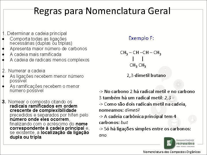 Regras para Nomenclatura Geral 1. Determinar a cadeia principal Comporta todas as ligações necessárias