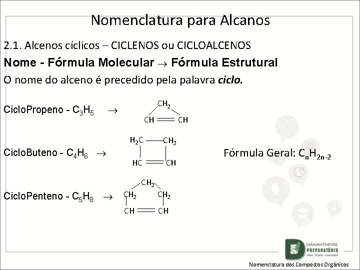Nomenclatura para Alcanos 2. 1. Alcenos cíclicos – CICLENOS ou CICLOALCENOS Nome - Fórmula