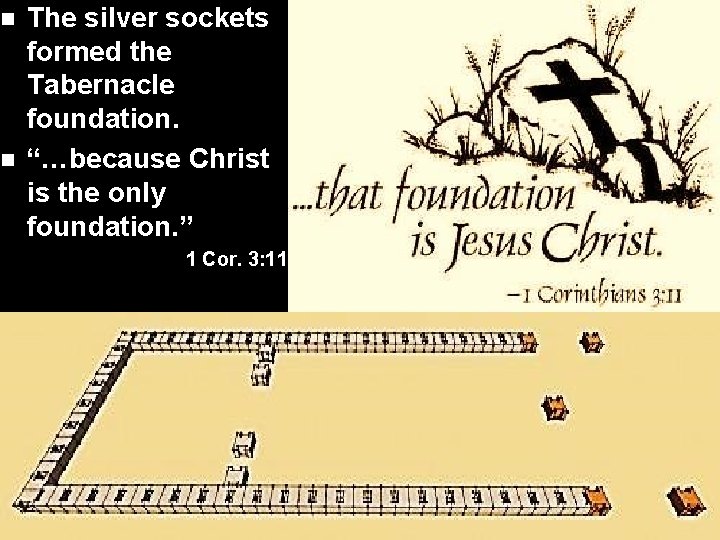n n The silver sockets formed the Tabernacle foundation. “…because Christ is the only