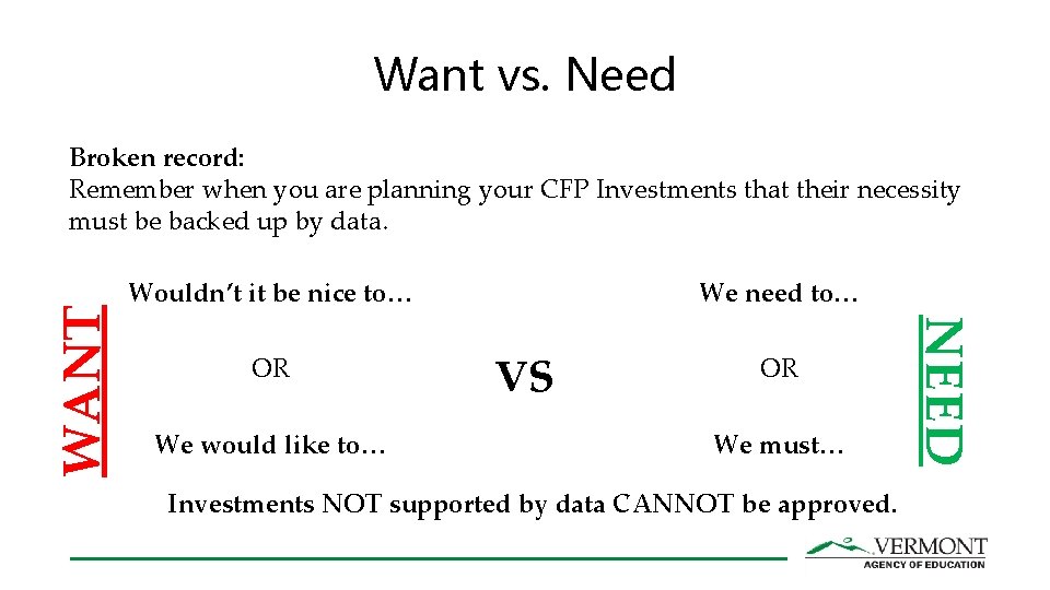 Want vs. Need We need to… Wouldn’t it be nice to… OR We would