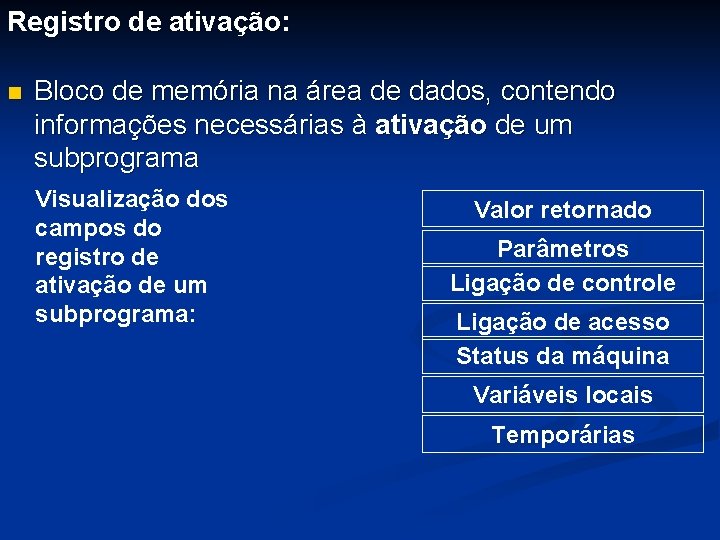 Registro de ativação: n Bloco de memória na área de dados, contendo informações necessárias