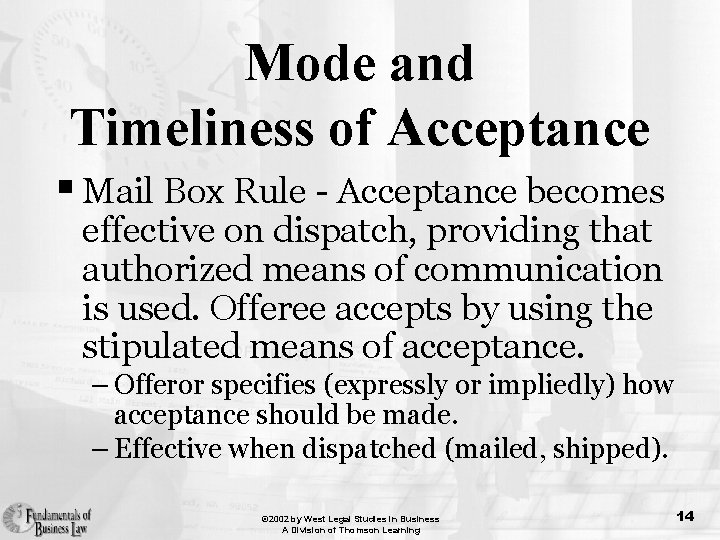 Mode and Timeliness of Acceptance § Mail Box Rule - Acceptance becomes effective on