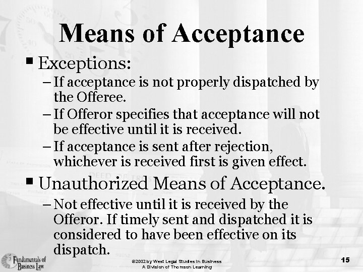 Means of Acceptance § Exceptions: – If acceptance is not properly dispatched by the