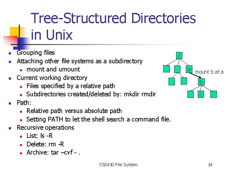 Tree-Structured Directories in Unix n n n Grouping files Attaching other file systems as