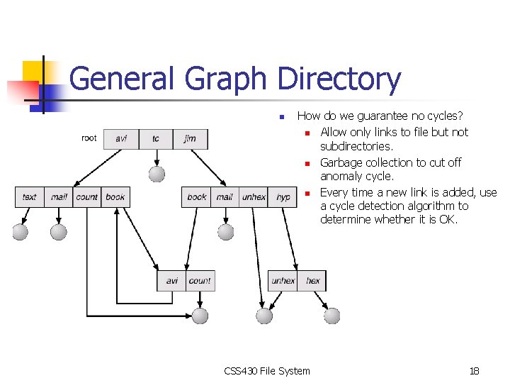 General Graph Directory n How do we guarantee no cycles? n Allow only links