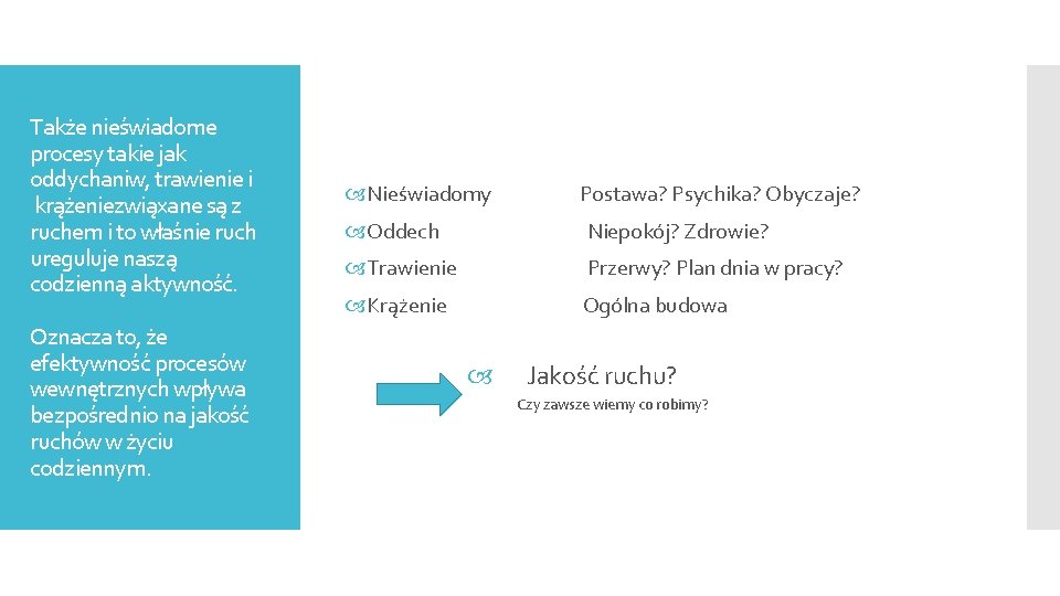 Także nieświadome procesy takie jak oddychaniw, trawienie i krążeniezwiąxane są z ruchem i to