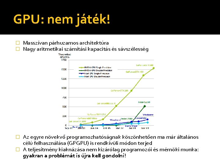 GPU: nem játék! � � Masszívan párhuzamos architektúra Nagy aritmetikai számítási kapacitás és sávszélesség