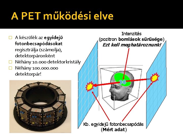 A PET működési elve A készülék az egyidejű fotonbecsapódásokat regisztrálja (számolja), detektorpáronként � Néhány