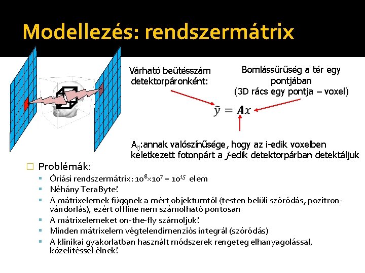 Modellezés: rendszermátrix Várható beütésszám detektorpáronként: � Problémák: Bomlássűrűség a tér egy pontjában (3 D