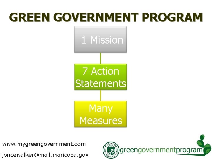 GREEN GOVERNMENT PROGRAM 1 Mission 7 Action Statements Many Measures www. mygreengovernment. com joncewalker@mail.
