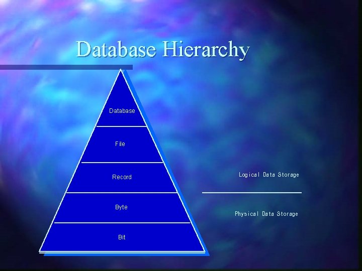 Database Hierarchy Database File Record Byte Bit Logical Data Storage Physical Data Storage Database Hierarchy Database File Record Byte Bit Logical Data Storage Physical Data Storage