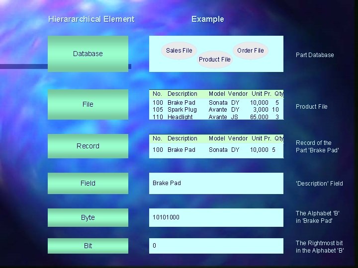 Hierararchical Element Example Sales File Database File Record Order File Product File No. 100 Hierararchical Element Example Sales File Database File Record Order File Product File No. 100