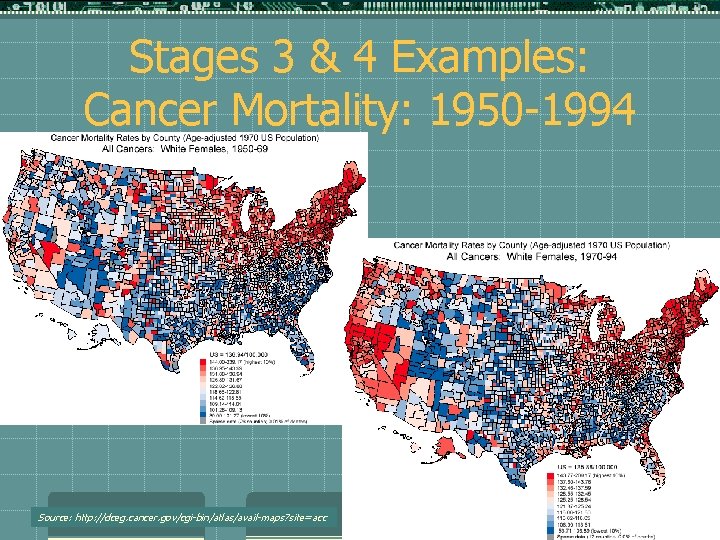 Stages 3 & 4 Examples: Cancer Mortality: 1950 -1994 Source: http: //dceg. cancer. gov/cgi-bin/atlas/avail-maps?