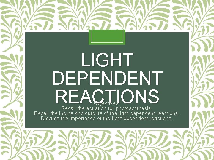 LIGHT DEPENDENT REACTIONS Objectives: Recall the equation for photosynthesis. Recall the inputs and outputs