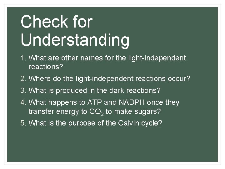 Check for Understanding 1. What are other names for the light-independent reactions? 2. Where