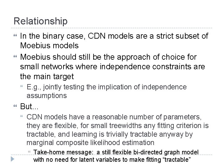 Relationship In the binary case, CDN models are a strict subset of Moebius models