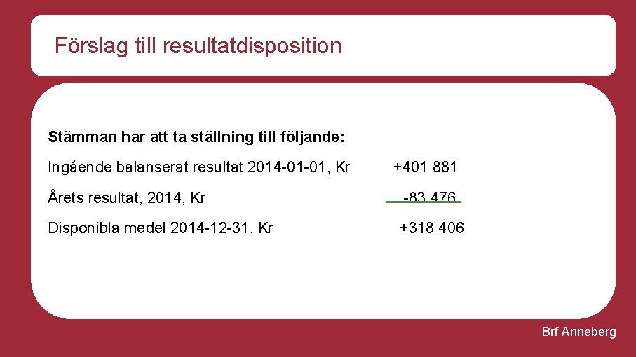 Förslag till resultatdisposition Stämman har att ta ställning till följande: Ingående balanserat resultat 2014