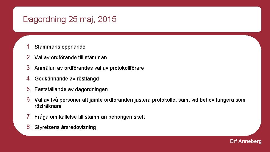 Dagordning 25 maj, 2015 1. Stämmans öppnande 2. Val av ordförande till stämman 3.