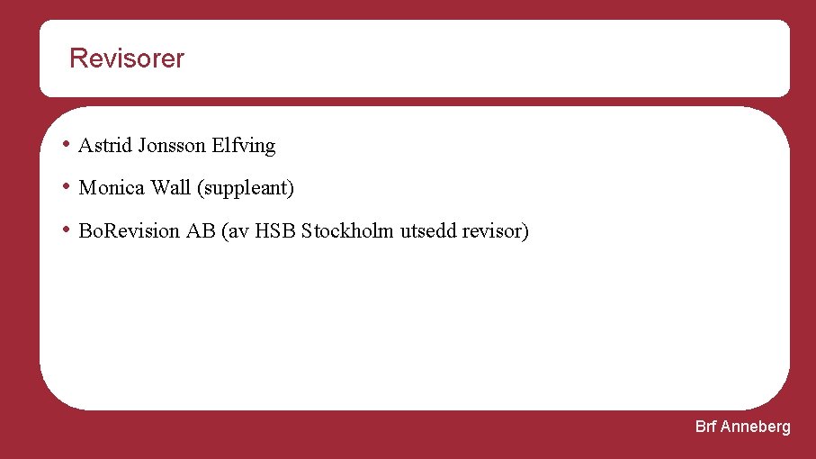 Revisorer • Astrid Jonsson Elfving • Monica Wall (suppleant) • Bo. Revision AB (av