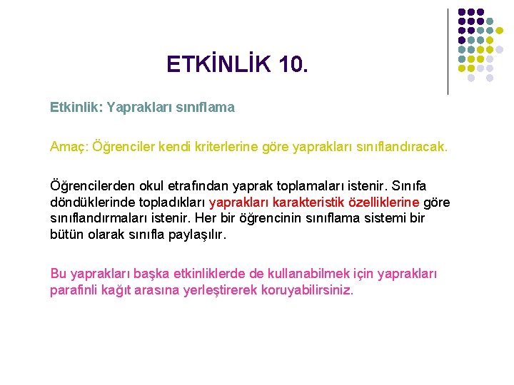 ETKİNLİK 10. Etkinlik: Yaprakları sınıflama Amaç: Öğrenciler kendi kriterlerine göre yaprakları sınıflandıracak. Öğrencilerden okul