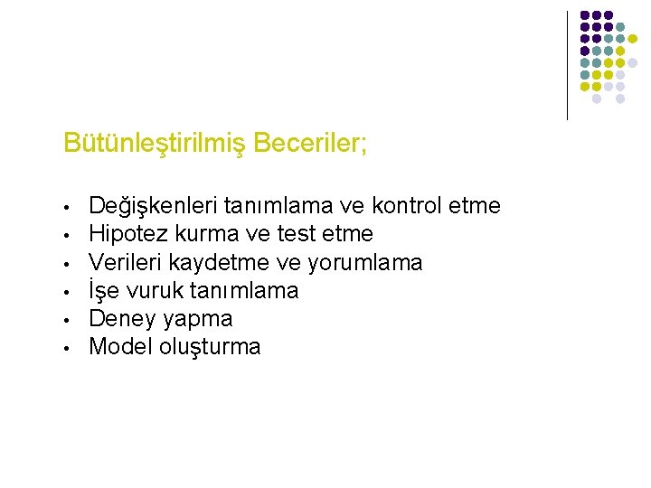 Bütünleştirilmiş Beceriler; • • • Değişkenleri tanımlama ve kontrol etme Hipotez kurma ve test