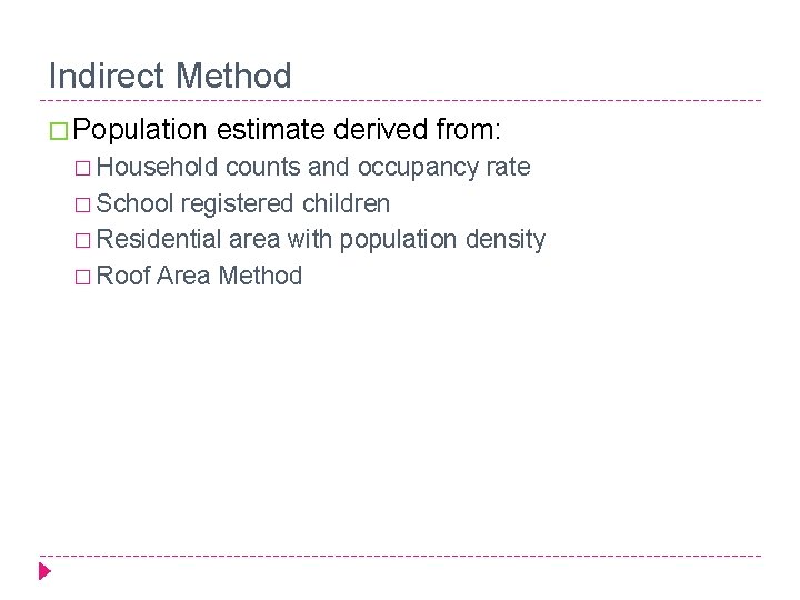 Indirect Method � Population estimate derived from: � Household counts and occupancy rate �