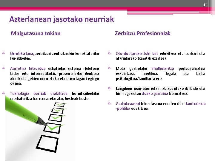 11 Azterlanean jasotako neurriak Malgutasuna tokian Zerbitzu Profesionalak Urrutiko lana, zerbitzari zentralarekin konektaturiko lan-ildoekin.