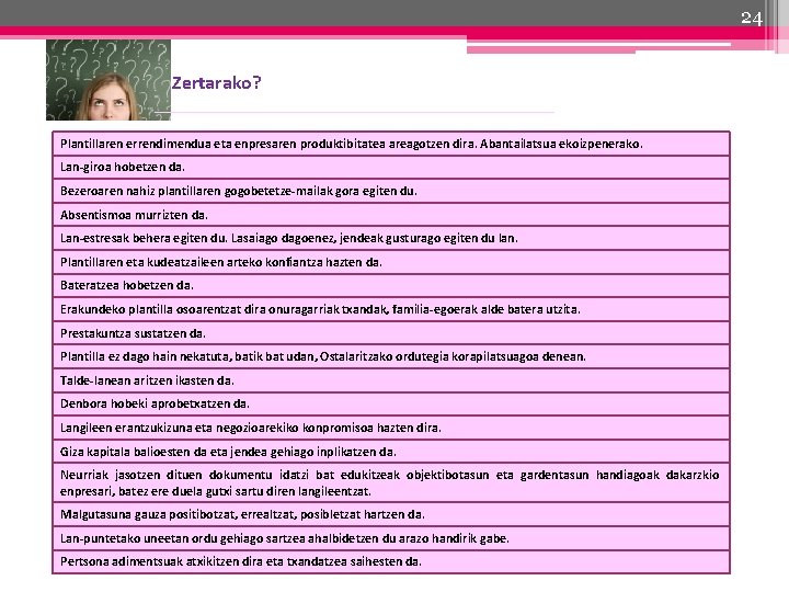 24 Zertarako? Plantillaren errendimendua eta enpresaren produktibitatea areagotzen dira. Abantailatsua ekoizpenerako. Lan-giroa hobetzen da.