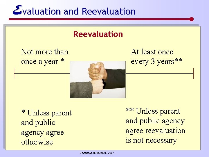 Evaluation and Reevaluation Not more than once a year * At least once every