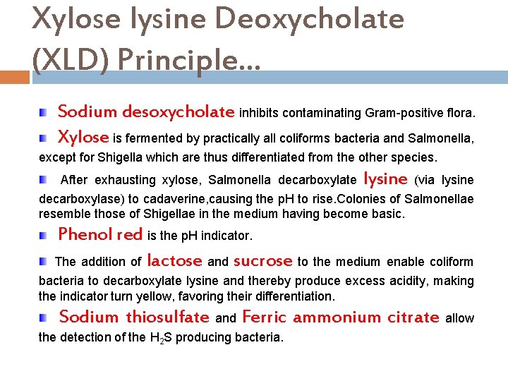 Xylose lysine Deoxycholate (XLD) Principle. . . Sodium desoxycholate inhibits contaminating Gram-positive flora. Xylose