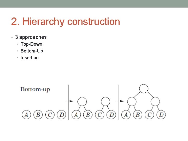 2. Hierarchy construction • 3 approaches • Top-Down • Bottom-Up • Insertion 