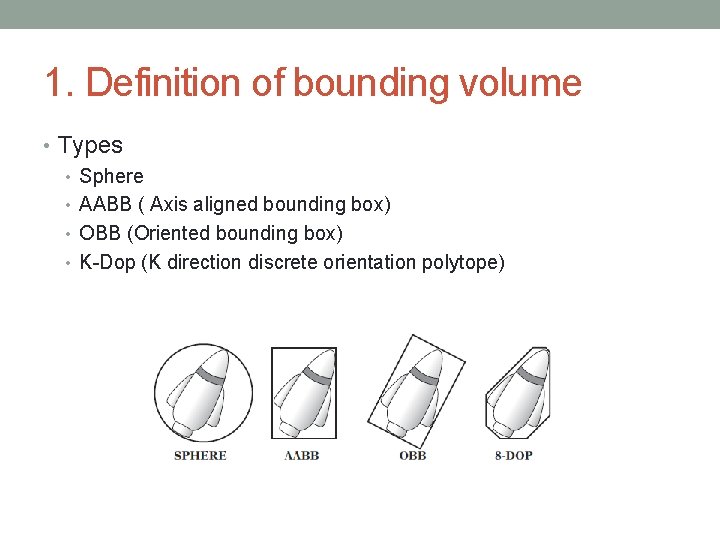 1. Definition of bounding volume • Types • Sphere • AABB ( Axis aligned
