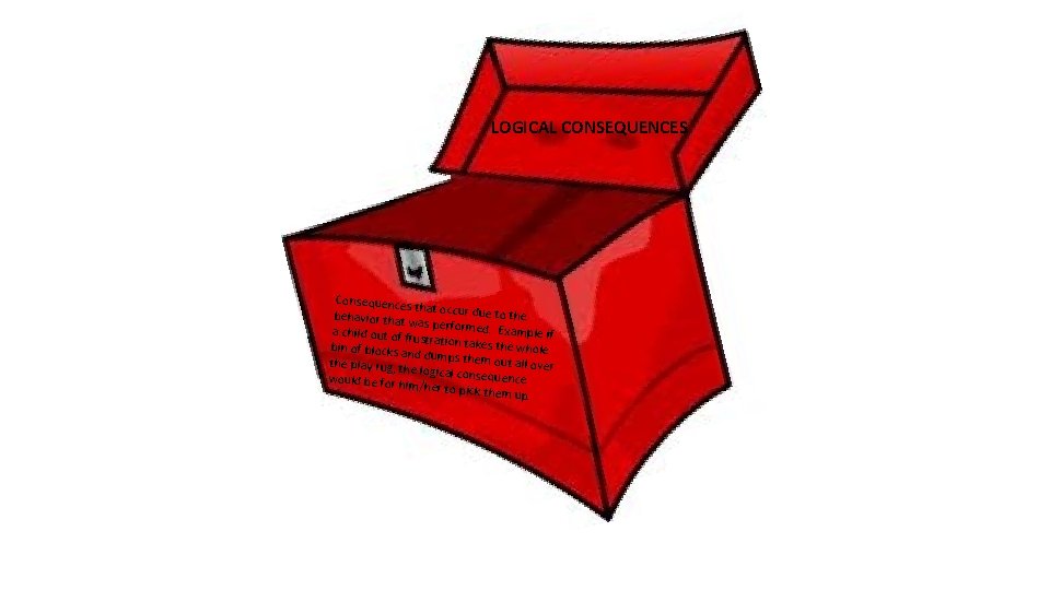 LOGICAL CONSEQUENCES Consequences that occur due to the behavior that was performe d. Example