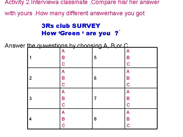 Activity 2. Interviewa classmate. Compare his/ her answer with yours. How many different answerhave